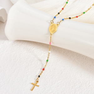 Collana con Ciondolo Religioso Placcato Oro 18K in Acciaio Inossidabile Catena a Croce Gioielli di Moda Rosario Smaltato a Goccia Personalizzato con Charm - Product Image 2