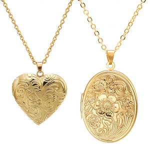 Collar con medallón en forma de corazón de concha ovalada que se puede abrir al por mayor, collar con colgante de marco de foto de flor tallada Retro para regalo de aniversario DIY - Product Image 1