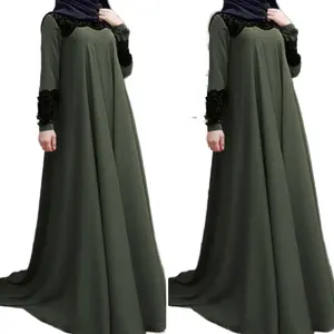 Ả Rập Trung Đông Dresses Phụ Nữ Hồi Giáo New Đường Viền Cổ Áo Và Còng Ren A-Line Quá Khổ Abayas Cho Phụ Nữ Hồi Giáo Rắn Màu Ăn Mặc