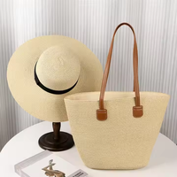 Bolso Tote de Gran Capacidad para Mujer, con Cierre de Cremallera, Conjunto de Sombrero de Paja para Playa y Viaje, Sombrero Panamá de Verano