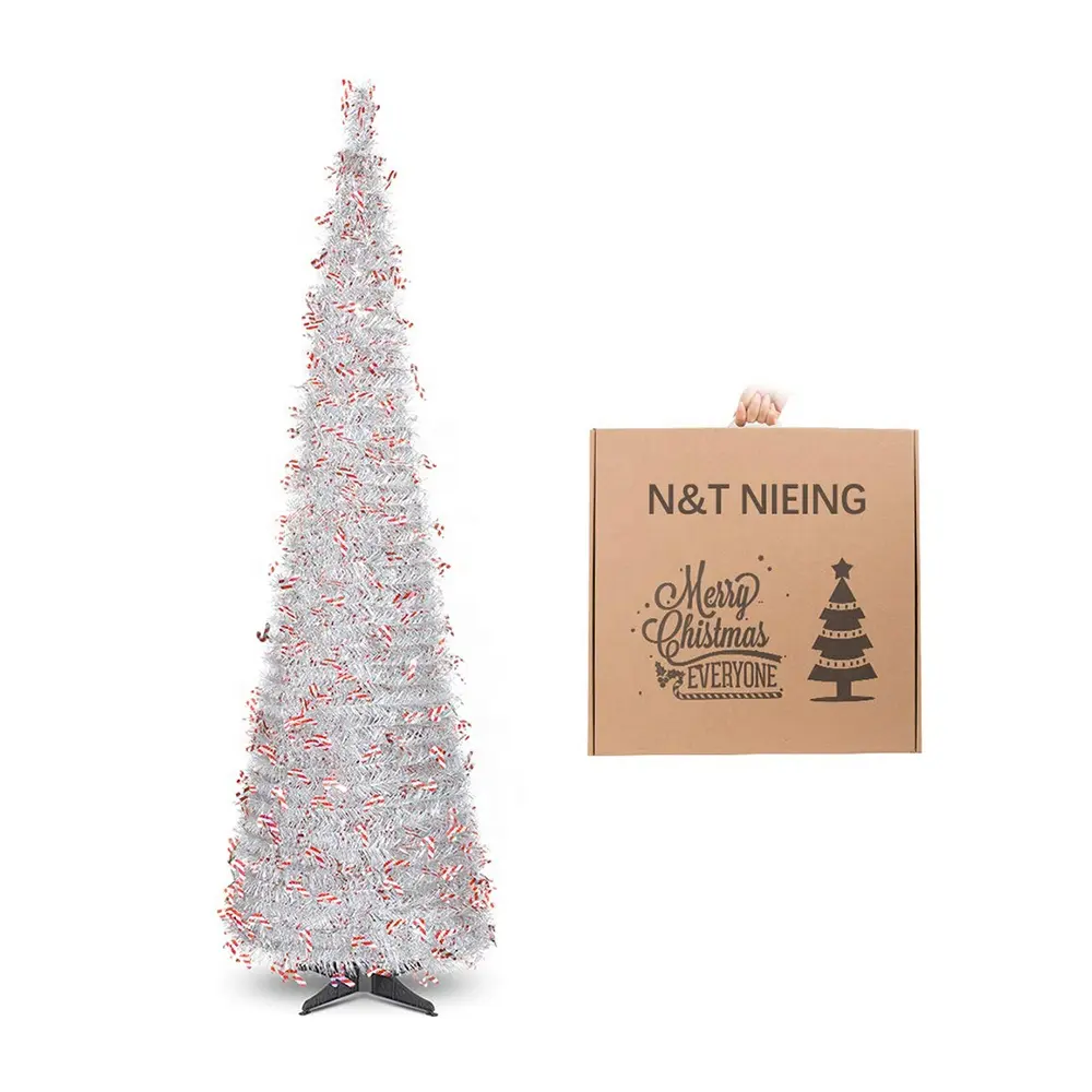 MACTING 1.8M 6FT Collapsible Pop-up Silver Tinsel Christmas Tree with Candy Cane PVC Glitter Christmas Tree Decoration Supplies