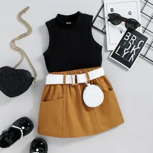 2023 Kids Summer Sets Clothes Solid Color Sleeveless Tops Pockets Short Skirts Bag 3pcs Children Outfits Baby Girl Clothing