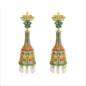 Gold Plated Temple Traditional CZ Earrings Natural Pearl Gemstone Tassel Jhumkas Manufacturers of Indian Jewelry