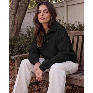 FOXA <b>Women's</b> <b>Henley</b> Neck Cropped Sweatshirt Fleece Lightweight Loose Fit Button Up Soft Cozy Pullover <b>Top</b> Fall Wear - Product Image 5