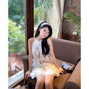 Polyester <b>Chiffon</b> Bib Set With Bow x Flare <b>Skirt</b> Sample Available Sweet Style Sleeveless Daily Wear 2 Piece Shorts Set - Product Image 1