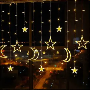 Peri Luar Ruangan Menggantung Pesta Pernikahan Taman Kamar Tidur Dinding Dekorasi Natal Twinkle Bintang Bulan Led Tirai Jendela Tali Cahaya