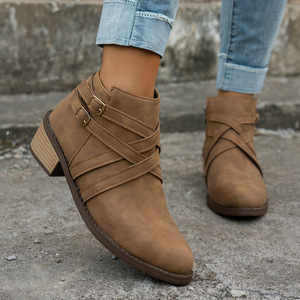 Bottines tissées à bout pointu pour femmes, nouvelle collection, talon épais, fermeture éclair latérale, grande taille, bottines courtes rétro - Product Image 3