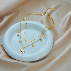 Evil Eye Turquoise Pendant Stainless Steel Double Layer Necklace Gold Color Geometric Design Gift Jewelry - Product Image 3
