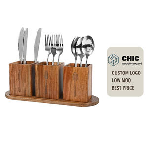 Organisateur de comptoir de cuisine en bois d'acacia, porte-<span class=keywords><strong>couverts</strong></span> à 3 compartiments avec plateau, ensemble de rangement pour ustensiles en bois - Product Image 1