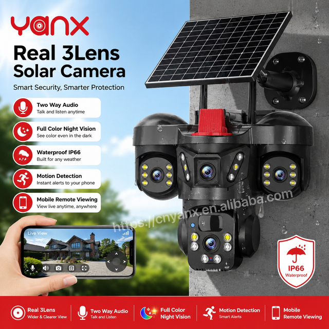 YANX V380pro Pro 3-Lens 3 Screen 4G  Solar Panel Battery PTZ AI Smart  Camera Colorful Night for CCTV Camera