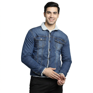 Wholesale Custom Chenille Patches Denim <b>Jacket</b> for Men <b>with</b> Fur Collar Quick Dry Breathable Winter Season OEM Serviced - Product Image 1