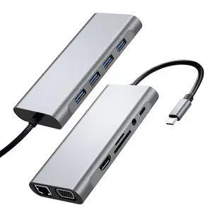 Hub Usb Tipe C Aluminium 11 In 1, untuk Ipad Pro Dongle dengan 4K Usb C Pd Pengisi Daya Usb Hub dengan Lubang untuk Jack Headphone