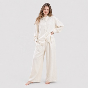Ensemble 2 pièces pour femmes, été, chemise à manches longues boutonnée et pantalon large, tenue décontractée, tenue de resort - Product Image 2