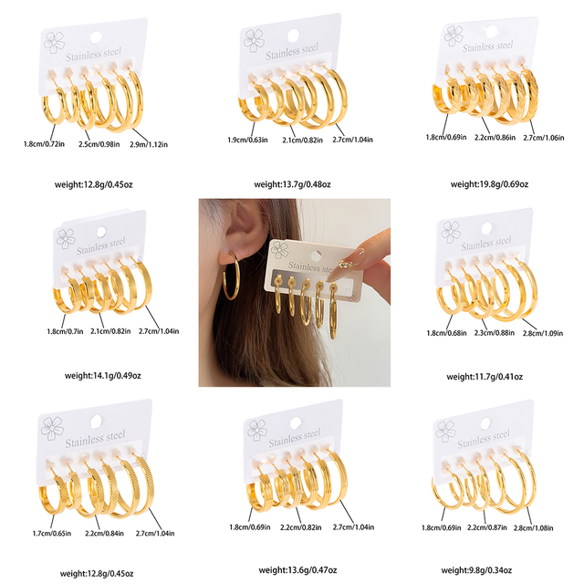 Wholesale Luxury Waterproof Non-fading 18K Gold Plated Geometric Stainless Steel 3 Pairs Hoop Stud Earring Set for Women