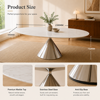 Table à manger ovale moderne et écologique en marbre avec piétement en acier inoxydable couleur champagne, 10 places, pour salle à manger de luxe