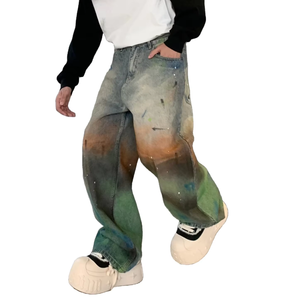 مصمم أزياء العلامة التجارية الرجال فضفاض الجينز الفضفاض الأمريكية غسلها القذرة نقطة الحبر دفقة بنطال الدنيم نمط الشارع الشهير مع منتصف الخصر - Product Image 4