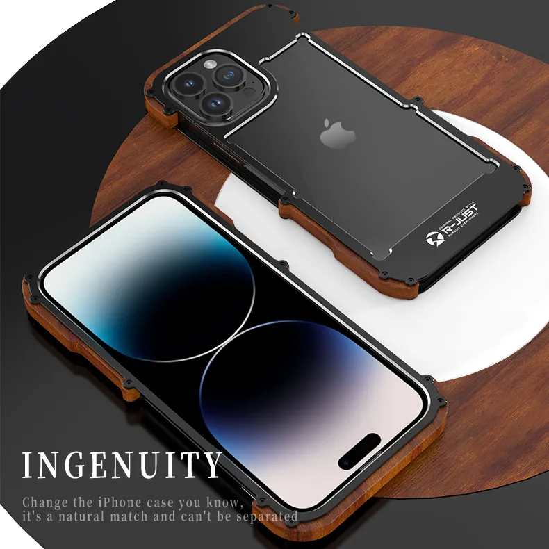 Factory real ironwood annatto & Aluminum alloy precise lens Transparent phone cover for iphone 14 iphone 13 pro max