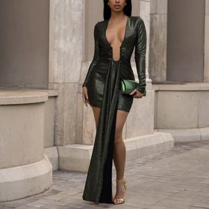 Robe de soirée élégante pour femmes, robe mini verte à paillettes, robe de luxe brillante, robe sexy à col en V, robe à paillettes - Product Image 2