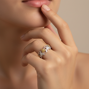 เครื่องประดับทองคำแท้18K แหวนดอกไม้แฟนซีเพชรแท้โบราณดีไซน์ในสีขาวสีเหลืองเครื่องประดับสองโทนสี - Product Image 6