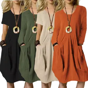 YZ8081 Latest Design 2023 Spring Summer Dress Solid O- Neck Loose T-Shirt Long Dress Women Cotton Linen Dress With Pocket