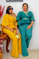Conjunto de 2 Piezas de Ropa Africana para Mujer, Blusa de Manga Media con Volantes y Pantalones Acampanados de Cintura Alta, Elegante y Moderno