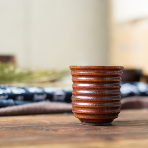 Taza de madera estilo japonés, color café, de madera maciza para bebidas, té, vino, diseño de 9 líneas - Product Image 1