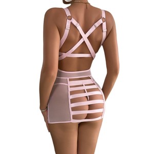 Lingerie Back Hollow Cross Binding Pu Leather Tight Package Hip Dress Erotic Lingerie Two-Piece Set Women Girl - Product Image 4