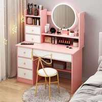 Ensemble de coiffeuse moderne avec miroir LED rond, plusieurs tiroirs et étagère de rangement ouverte pour chambre à coucher domestique