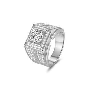 Men's Yellow <b>Gold</b> Plated Moissanite <b>Cocktail</b> <b>Ring</b> Round Brilliant Cut Geometric Design Pave Setting Luxury Style - Product Image 2