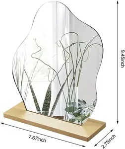 불규칙한 미적 거울 틀 펑키 메이크업 거울 장식 책상 탁상 물결 모양의 거울 나무 스탠드 거실