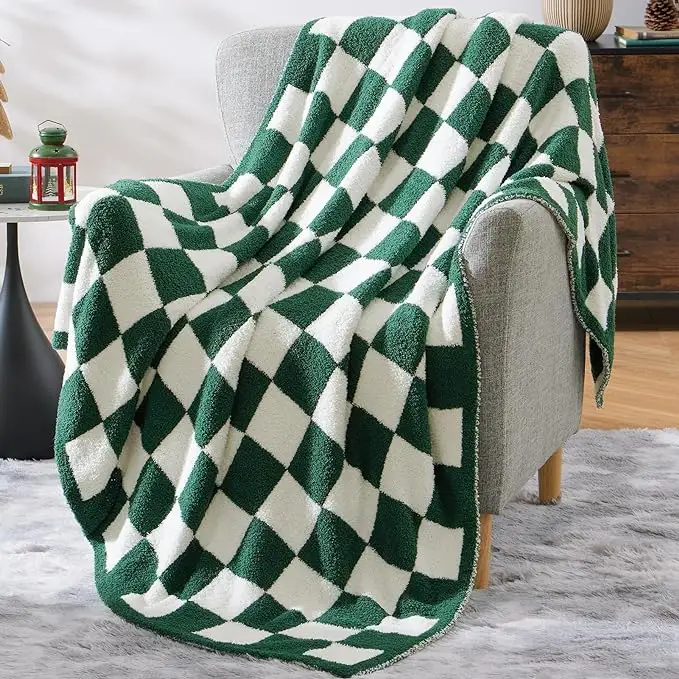 Coperta da lancio a scacchi a quadretti in maglia in microfibra soffice e soffice e soffice coperta da letto leggera