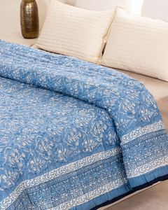 <b>Blue</b> White Cotton Quilt Hand Block Print Reversible <b>King</b> Queen <b>Bedding</b> Boho Bedspread Coverlet - Product Image 5