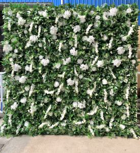 Mur de fleurs vertes en gros, toile de fond florale artificielle 3D avec fausses roses et hortensias, pour décoration de mariage et de fête - Product Image 1