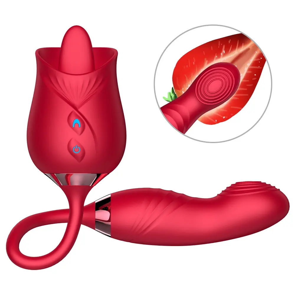 Free Sample Rose Shape With Dildo And Tongue Vaginal Sex Toys Teasing Suction Clitoral Stimulator Rose Clit Sucker Vibrator Toy