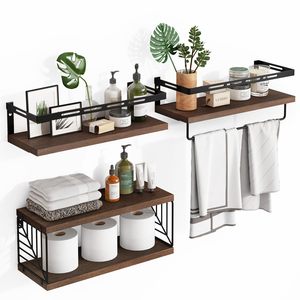 Set di Mensole Galleggianti da Parete in Stile Rustico per <span class=keywords><strong>Bagno</strong></span> e Cucina, Scaffali in <span class=keywords><strong>Legno</strong></span> <span class=keywords><strong>con</strong></span> Struttura in Metallo - Product Image 2