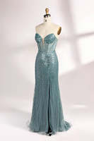 Robe de soirée sirène sexy en maille moulante à fines bretelles, en tulle et dentelle perlée, avec des perles brillantes