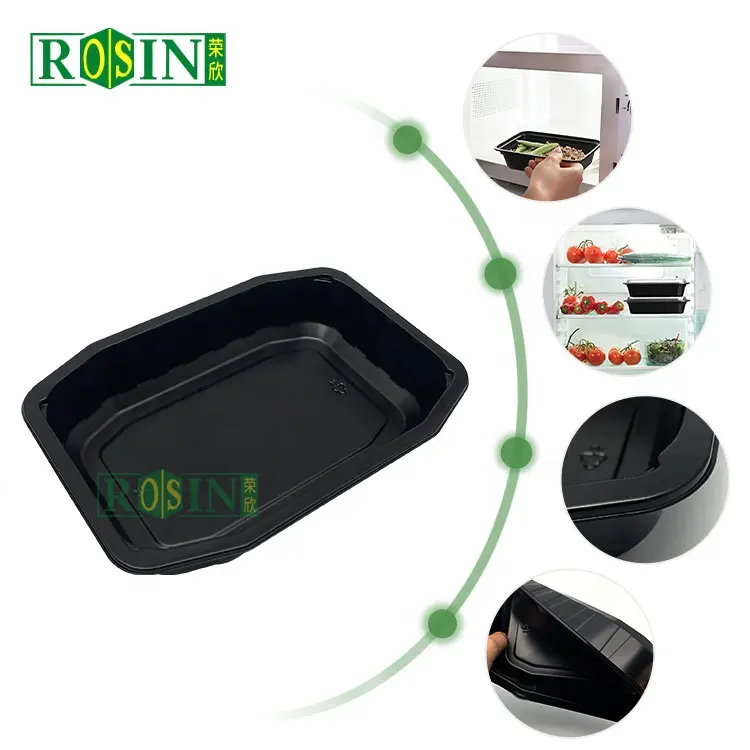 Boîtes à déjeuner jetables en plastique PP noires personnalisées pour micro-ondes, récipients de préparation de repas chauds avec couvercle