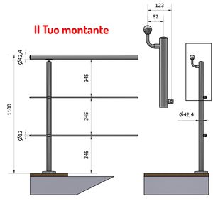 Pasamanos Vertical 2 travesaños Pulido AISI 316 Acero Inoxidable Fijación Altura del suelo Ø 42,4 Balaustradas Pasamanos - Product Image 1