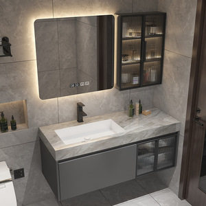 Nouvelle armoire de rangement intelligente avec miroir gris moderne, meuble de salle de bain mural avec miroir LED intelligent et plateau en pierre - Product Image 2