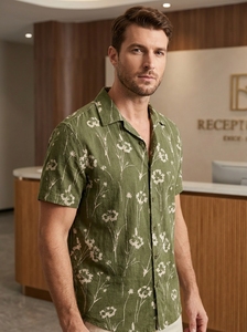 Fine Sales Marvellous Cost Tropical Print Camp Collar Short Sleeve Sustainable Abstract <b>Repeat</b> Pattern Mens Summer Cotton Shirts - Product Image 3