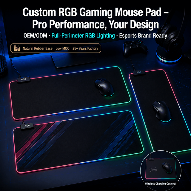 Quanbao Hot Selling Wireless Charger LED RGB Rectangular Rubber+Fabric Mouse Pad Custom Printed Computer Accessory/Gaming Gift