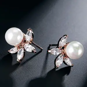 Miallo high quality Pearl zircon flower gold plated copper earrings studs fine women jewelry earrings wholesale