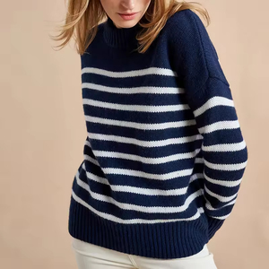 Maglione elegante a collo alto a righe larghe da <span class=keywords><strong>donna</strong></span> nero Pullover a maniche lunghe a collo alto lavorato a maglia a righe bianche nere - Product Image 4