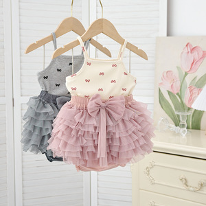 Mayorista Personalización Verano Bebé <span class=keywords><strong>Chaleco</strong></span> Top Niña Casual Estilo Occidental Traje con Lazo Impreso Thin Wisteria Fabric - Product Image 4