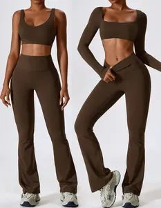 Atacado Plus Size Butt Lift Yoga Set Manga Longa Gym Wear 3 Peças Workout Suit Fitness Sport Clothes