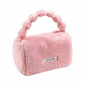 Bolsa de Maquillaje de Piel Sintética de Conejo en Colores Pastel para Otoño e Invierno, Bolso de Mano de Felpa Rosa, Portátil y Lindo, Bolso Tote para Mujer - Product Image 1