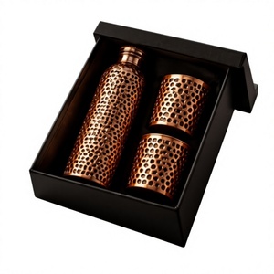 Handcrafted Hammered Copper Water Bottle <b>Flask</b> and <b>2</b> <b>Cups</b> Set with Floral Pattern Gift Box Portable Travel Drinkware - Product Image 1