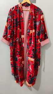 <b>Red</b> Animal Print Velvet Robe Women's Long Three Quarter Sleeve Wrap Coat Winter Fashion Outerwear - Product Image 3