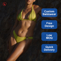 Meilleure Vente Ensemble Bikini Côtelé Personnalisable avec Logo pour Femme, Vert Citron, Haut Balconnet à Armatures, Maillot de Bain Taille Haute à Nouer au Dos
