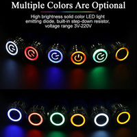 Interrupteurs à bouton-poussoir momentanés en acier inoxydable 1NO1NC 16mm 19mm 40mm, avec anneau de verrouillage lumineux LED, bouton-poussoir plat en métal
